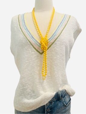 TALBOTS- COTTON LINEN BLEND Cream Slub V-Neck Tank with Pastel Stripe Trim